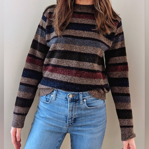 Vintage Sweaters - Vintage 90's Striped Textured Wool Crewneck Sweater In Oatmeal Tan